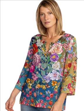 JOHNNY WAS "THE JANIE FAVORITE" MULTICOLOR FLORAL 3/4 BELL SLEEVE HENLEY SHIRT